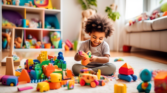 Create an image of a child playing with toys in a colorful and stimulating home environment. The child should be engaged in imaginative play, surrounded by toys that encourage creativity and learning.