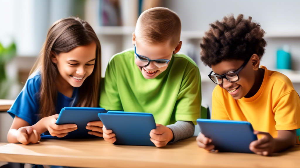 A group of diverse children with disabilities using educational apps on tablets and computers, smiling and engaged in their learning