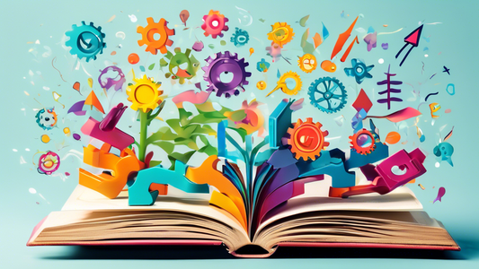 A seedling sprouting from an open book, surrounded by colorful gears, thought bubbles, and arrows pointing upwards, representing the growth mindset in education.