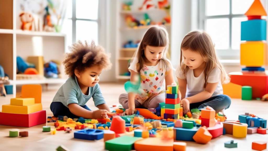 Create an image of a colorful and vibrant playroom filled with various interactive learning tools for toddlers, such as building blocks, puzzles, shape sorters, and educational games, with happy children playing and learning together. The room should