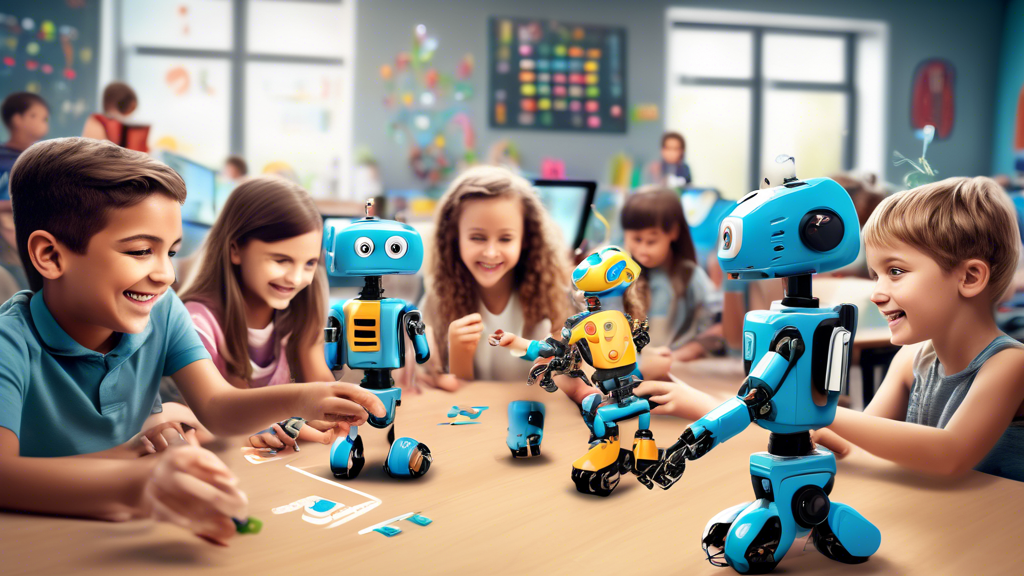 Photorealistic image of children playing interactive STEM games in a classroom setting, with robots, computers, and other educational tools in the background. The children are engaged and smiling, and