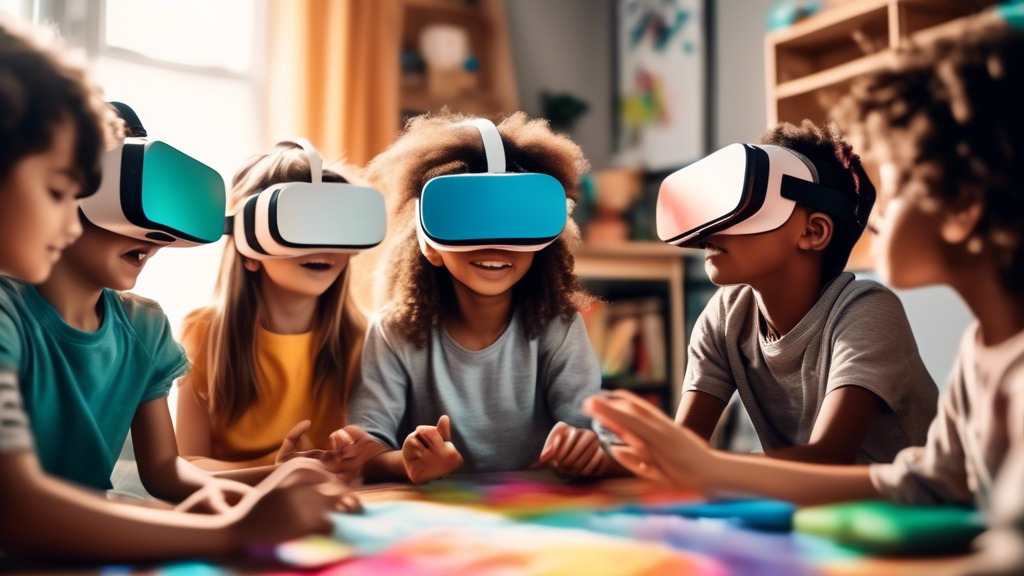 Create an image of a group of children interacting with a virtual reality headset in a homeschooling environment to demonstrate STEAM education for enhanced cognitive development.