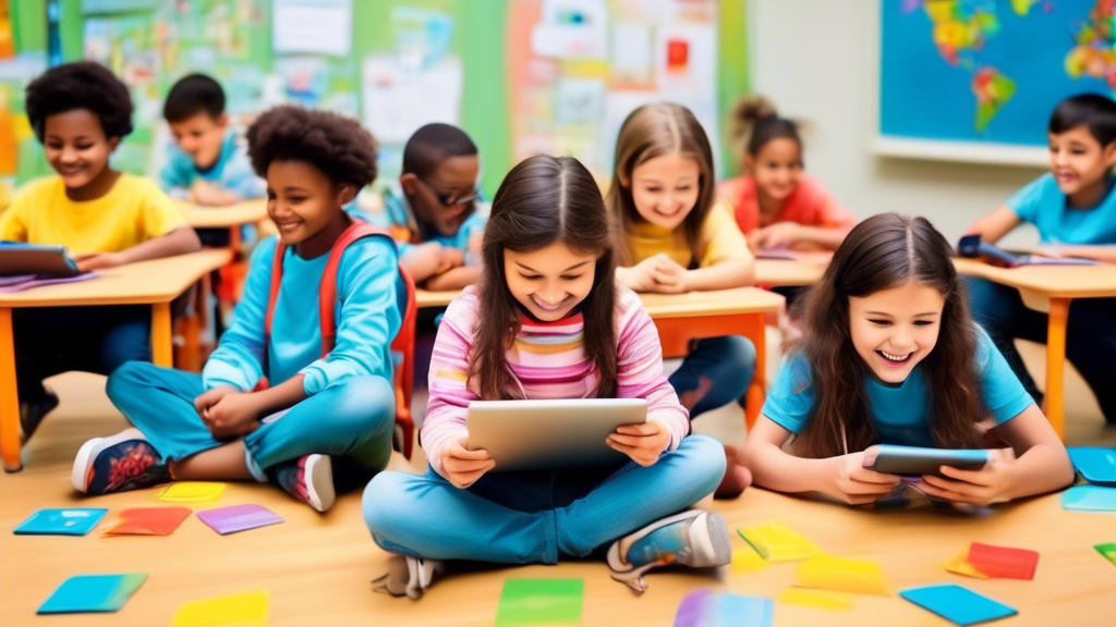 An image of a group of children sitting in a classroom, using educational apps on their tablets. The apps are colorful and engaging, and the children are clearly having fun while learning.
