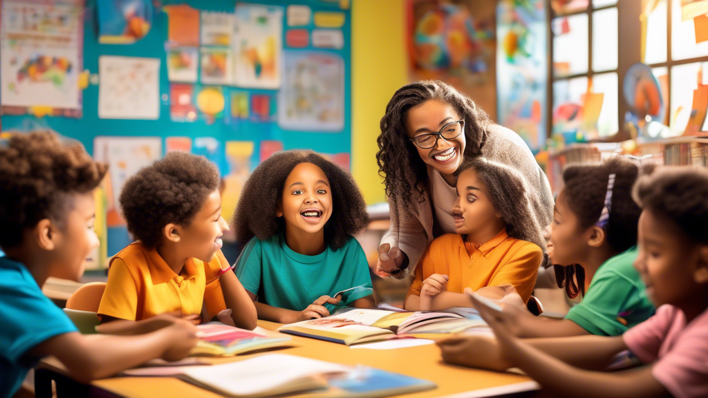 A vibrant and captivating classroom scene where young students are actively engaged in an interactive reading session. The teacher is animatedly leading the discussion, using colorful visuals and prop
