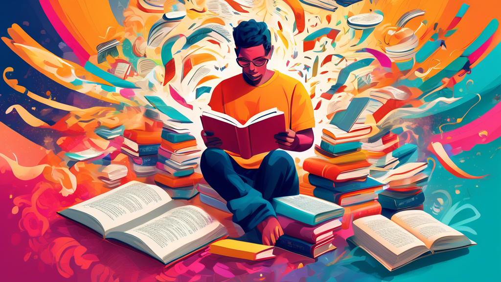 A vibrant and imaginative illustration of a person expanding their vocabulary through daily reading, with books and words swirling around them like a vortex of knowledge, creating a sense of empowerme
