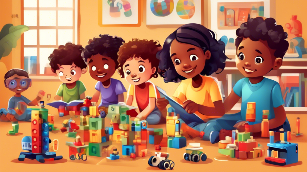 Create an image of a diverse group of children engaged in hands-on learning activities with various STEM toys such as building blocks, coding robots, and science kits. The children are clearly enthusiastic and focused on exploring, experimenting, and