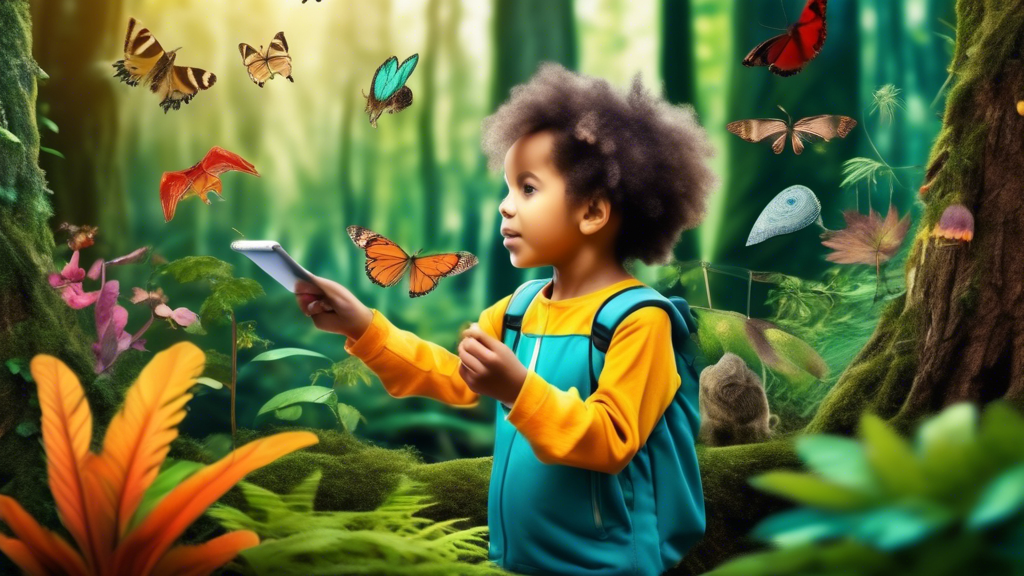 A child exploring a forest, surrounded by diverse flora and fauna, discovering the wonders and intricacies of the natural world through hands-on activities and interactive learning experiences.