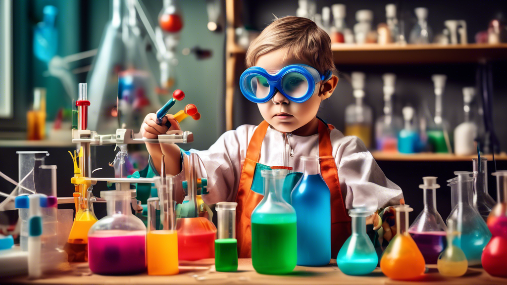 A young child in a colorful apron and safety goggles, surrounded by various scientific equipment and specimens, conducting an experiment at a makeshift home laboratory.
