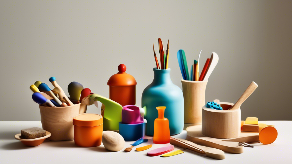 A variety of household objects arranged in a visually appealing and educational way to inspire hands-on learning for children. The objects should be diverse in size, shape, texture, and function, enco