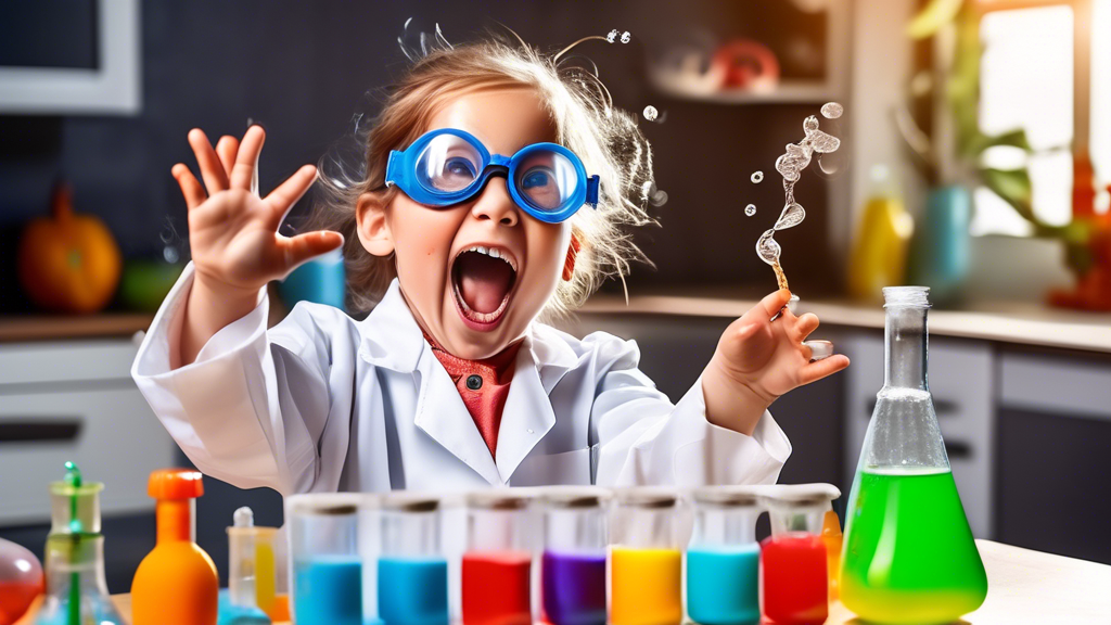 A child wearing a lab coat and safety goggles conducting a home-based experiment using household materials, such as baking soda, vinegar, and a plastic bottle, with a look of excitement and curiosity 
