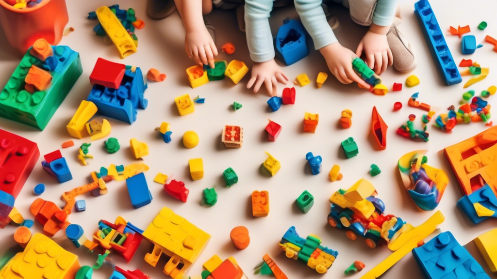 A colorful and imaginative scene of children playing with toys that stimulate learning, such as building blocks, puzzles, and play dough. The toys are scattered across the floor, and the children are 