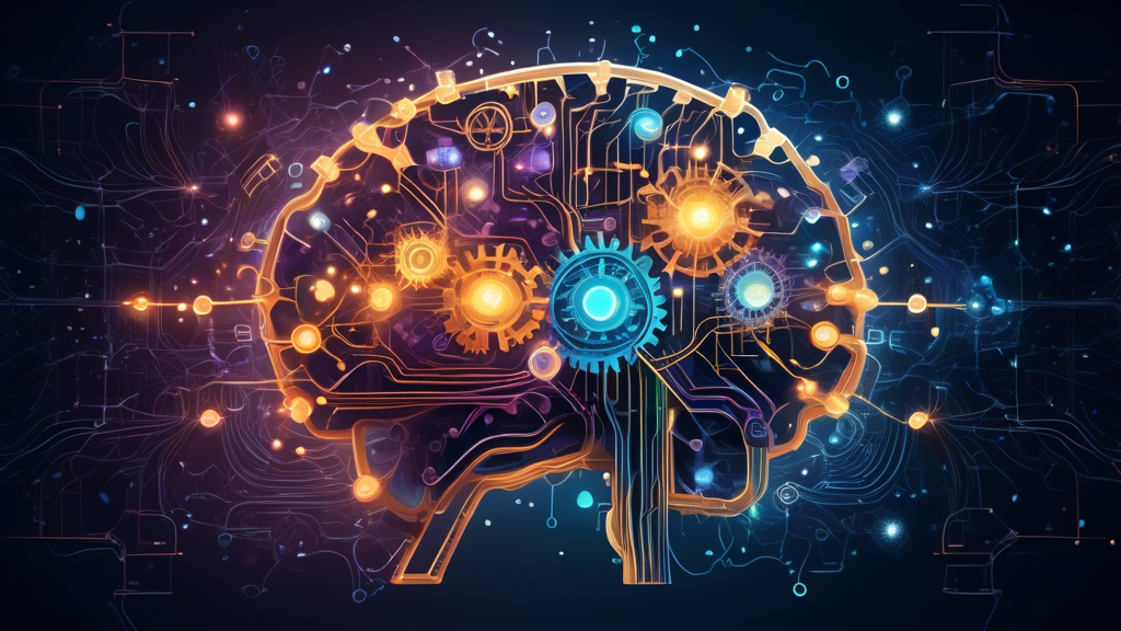 An abstract representation of the human brain with gears and circuits around it, glowing and connected, forming multiple pathways and connections. The background is a starry night sky, symbolizing inf