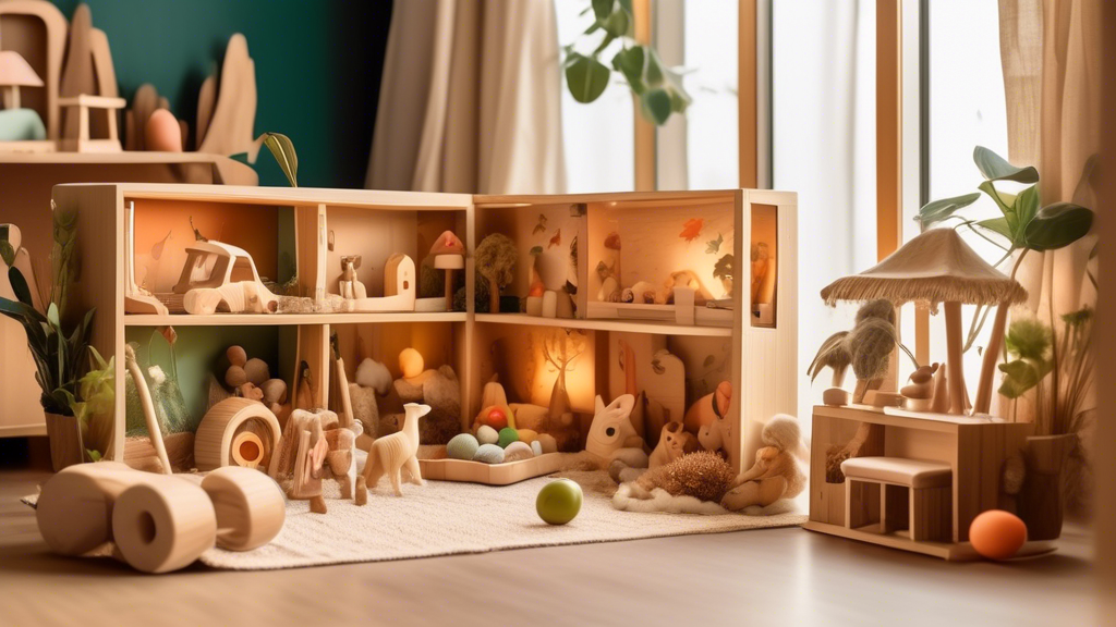 A vibrant and playful diorama that showcases a variety of sustainable toys made from natural materials such as wood, bamboo, and organic cotton. The toys are designed to foster cognitive growth and in