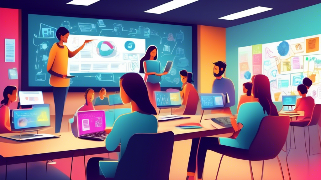A digital classroom with students using laptops and tablets, with a teacher using a smartboard in the background, all collaborating and learning together in a technology-rich environment.