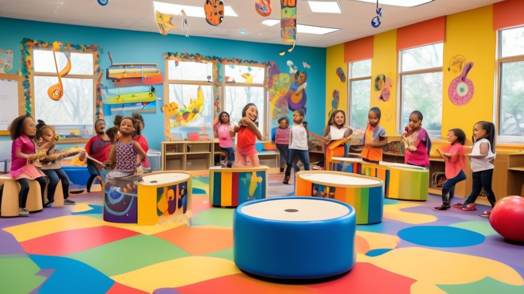 A vibrant and dynamic classroom filled with young children gleefully engaging in musical activities. Musical instruments such as drums, tambourines, and xylophones are being played, while others sing 