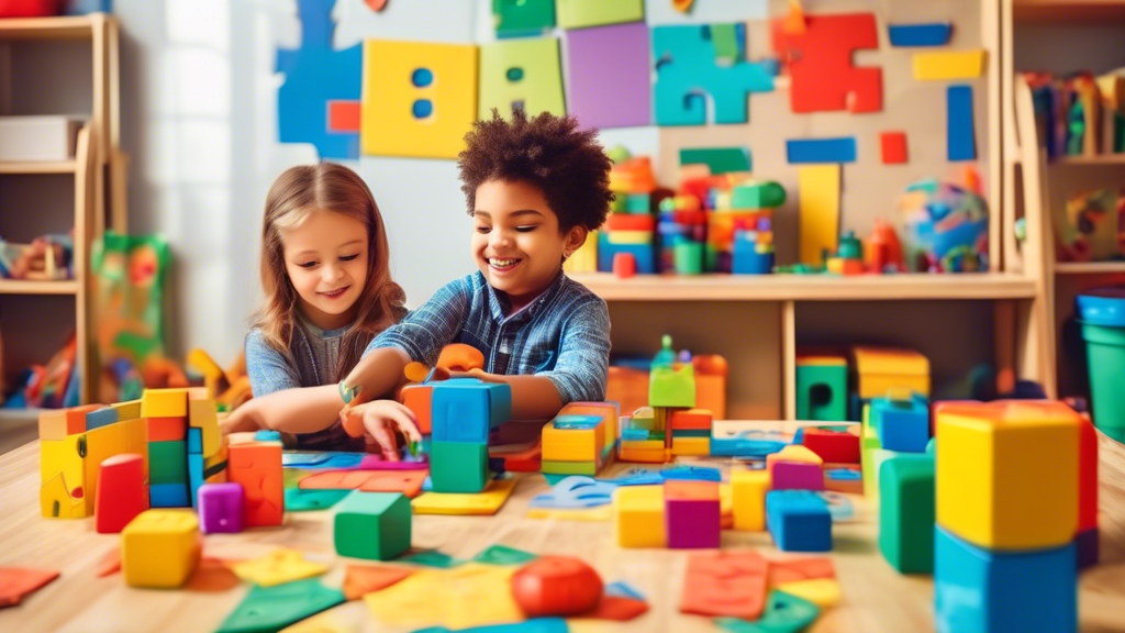 Create an image of a colorful and engaging classroom setting for young children, with various hands-on math enrichment activities such as counting blocks, geometric shapes, number puzzles, and math games. The room should look inviting and educational
