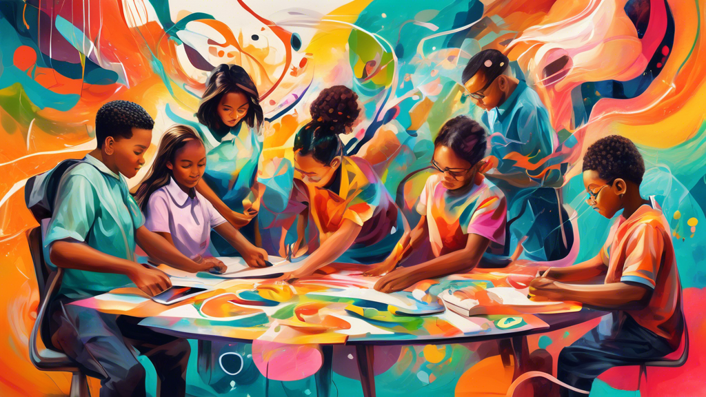 Surreal painting of students and teachers working together on a collaborative project, surrounded by swirling colors and abstract shapes, symbolizing the transformative power of collaboration in foste
