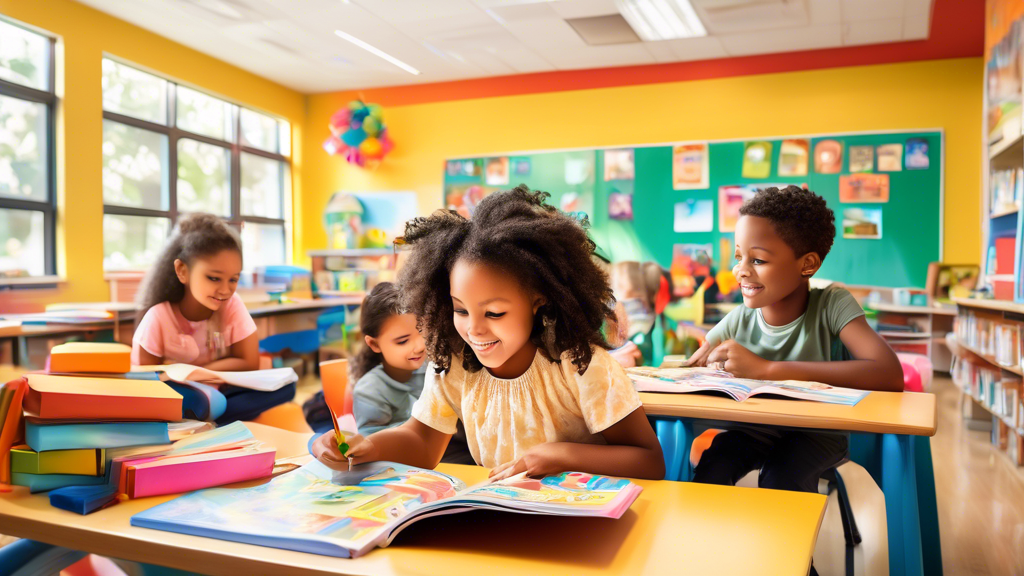 A vibrant and engaging classroom filled with books, colorful posters, and interactive learning tools that foster early literacy skills. Children are seen reading, writing, and exploring language in a 