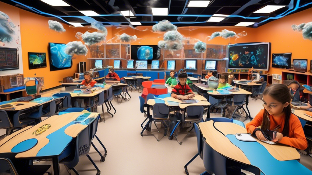 A vibrant and futuristic classroom where students are immersed in a STEAM learning environment, surrounded by cutting-edge technology that enhances their cognitive development. The room is filled with