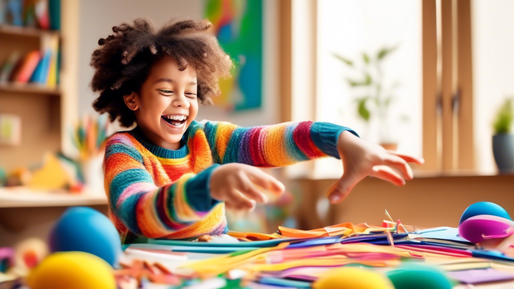A child with ADHD gleefully engaging in a hands-on learning activity, surrounded by colorful materials and supportive adults. The image conveys a sense of joy, creativity, and inclusivity.