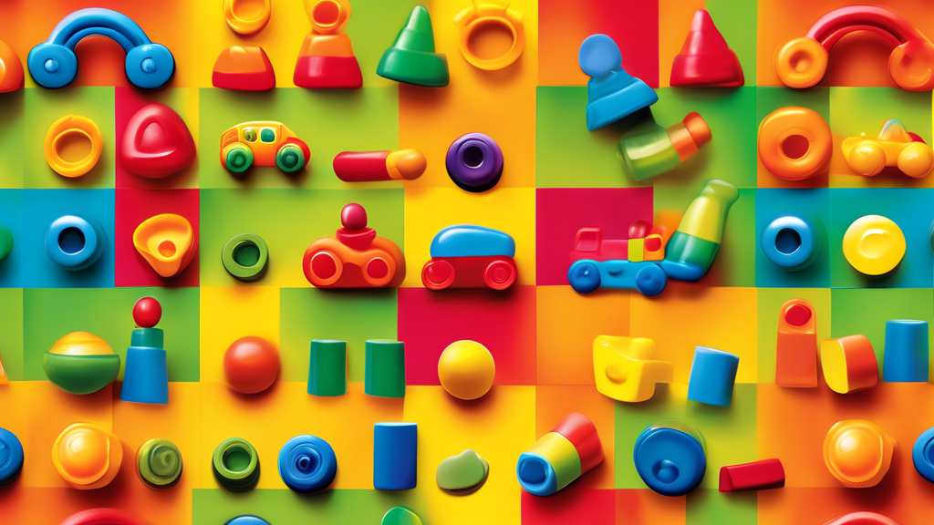 Create an image of a colorful set of various toys designed to help toddlers develop their fine motor skills. Include items such as stacking rings, shape sorters, building blocks, and puzzles. Each toy should be brightly colored and engaging to attrac
