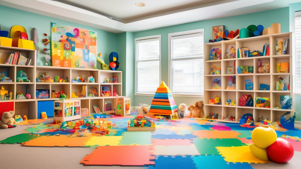 A colorful and stimulating playroom filled with a variety of age-appropriate toys designed to foster preschoolers' cognitive abilities, including puzzles, building blocks, books, and STEM activities. 