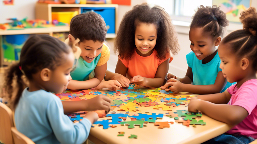 Create an image of a diverse group of young children engaged in solving educational puzzles to help develop their motor skills. Show them concentrating, collaborating, and having fun while working on the puzzles in a bright and colorful classroom set