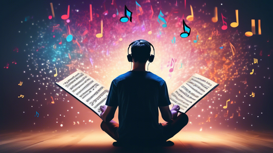 Photo of a person sitting down and reading a novel with musical notes floating around them, creating an immersive and enhanced reading experience.