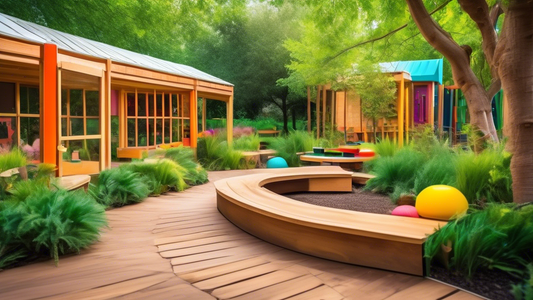 A vibrant outdoor classroom surrounded by lush greenery, featuring Montessori and Waldorf-inspired elements such as natural materials, sensory experiences, and child-led activities.