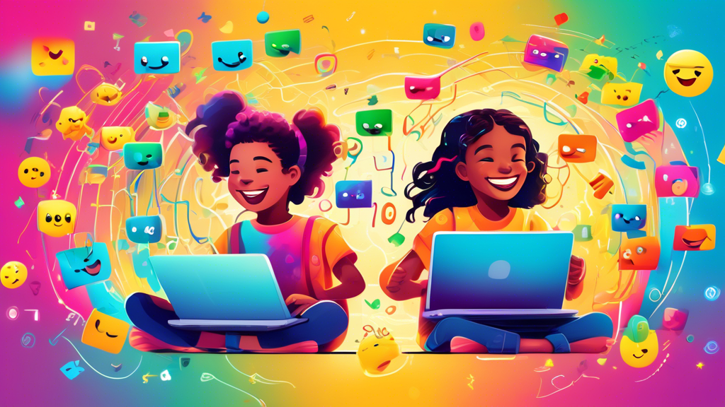 A vibrant and playful illustration of children of diverse backgrounds enthusiastically coding on their laptops, surrounded by colorful floating lines of code and cheerful emojis, showcasing the joy an