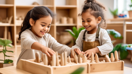 Two young children, one with dark hair and one with light hair, playing together in a Montessori classroom. The classroom is filled with natural materials, such as wood and plants. The children are bo