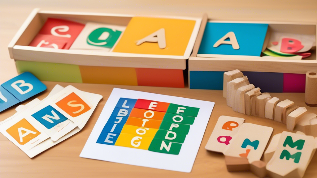 Create an image that showcases a variety of Montessori language materials for preschoolers, such as sandpaper letters, movable alphabets, vocabulary cards, and language games. The materials should be colorful, engaging, and clearly labeled to highlig