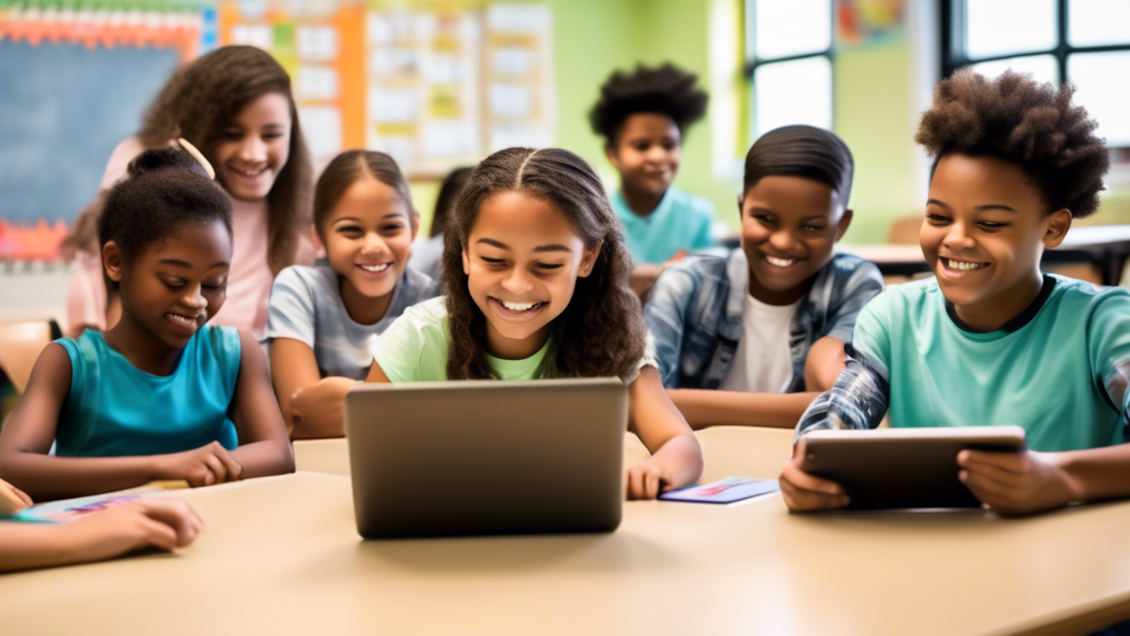 A group of diverse students sitting in a classroom, using laptops and tablets to access reading comprehension apps. The apps feature interactive exercises, engaging stories, and personalized learning 
