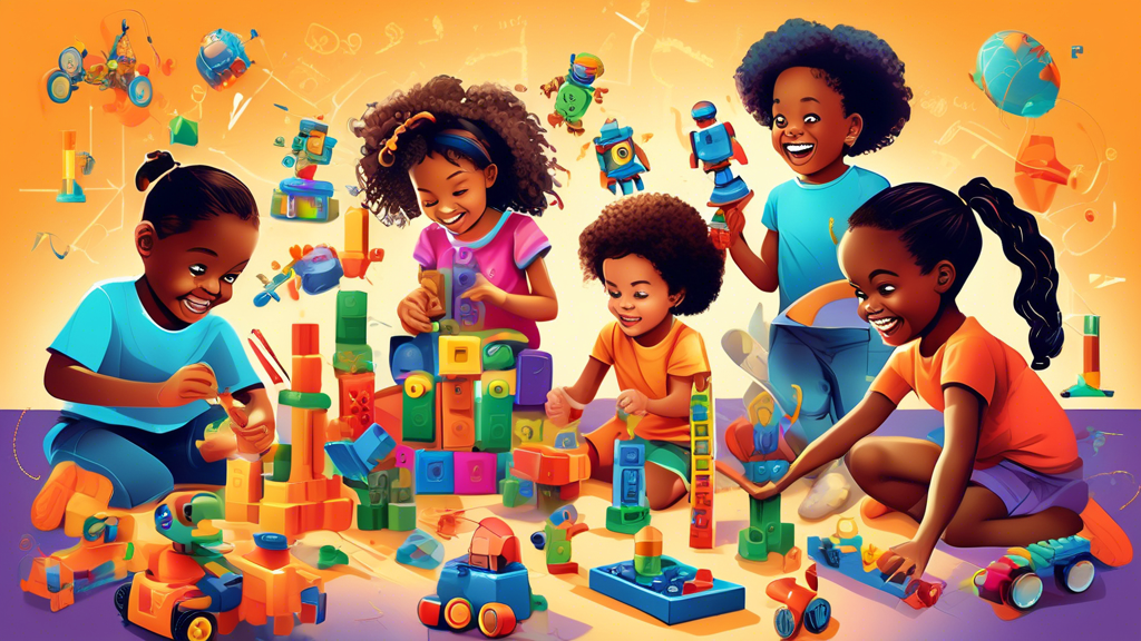 Create an image of a diverse group of children of various ages playing with engaging STEM toys, such as building blocks, robotics kits, and science experiment sets. Each child is joyfully exploring and learning with their respective toys, highlightin