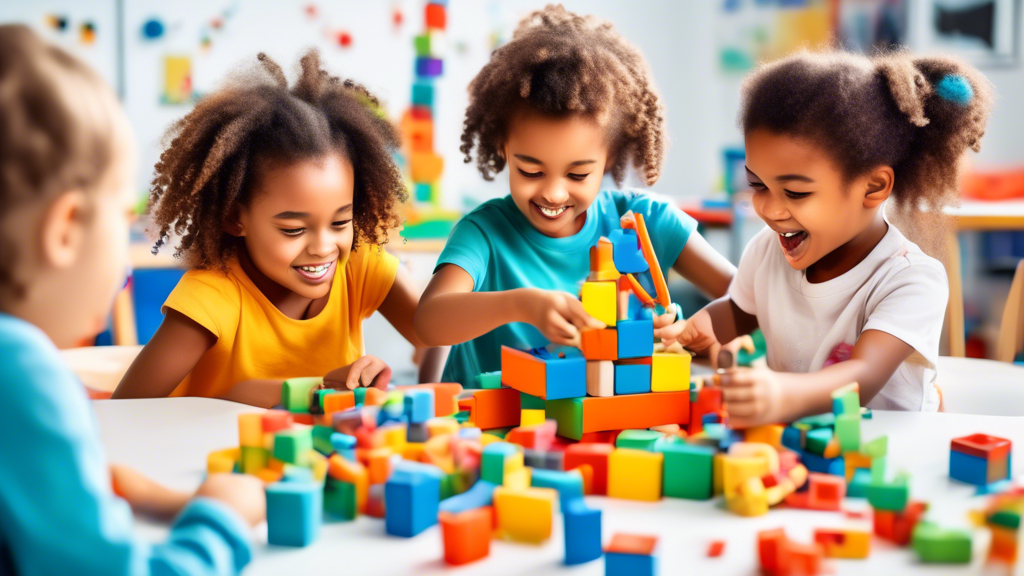 A colorful and engaging classroom filled with young children enthusiastically participating in STEM-related activities, such as building structures with blocks, exploring magnetism with magnets, and c