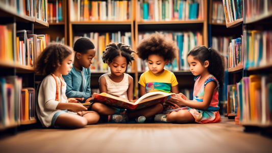 A diverse group of children reading books in a library, representing different cultures, backgrounds, and abilities, showcasing the importance of diversity in children's literature.