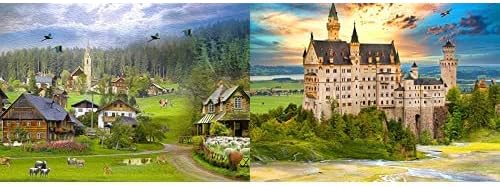 Jigsaw Puzzles for Adults 1000 Pieces, Jigsaw Puzzle for Kids Age 6+, Fun Puzzle Family Game, Sunrise Farm and Forest Castle, 2 Set