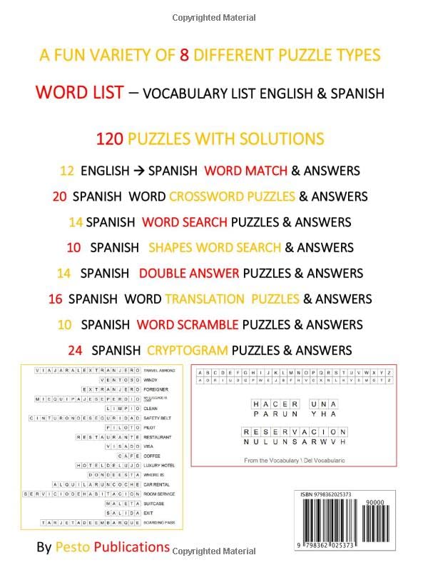 LEARN SPANISH with WORD PUZZLES: AEROPUERTO / AIRPORT: Word Scrambles, Word Search, Crossword Puzzles, Fun Shapes Word Search, Translation Puzzles, Double Answer, Cryptogram & Word Match Puzzles!
