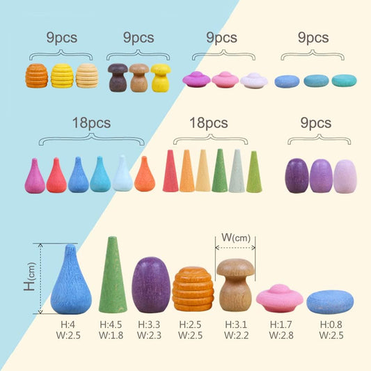 Large Set Full Rainbow Color Style Wooden Loose Parts Sensory Play Toys, Rainbow Mandala Loose Parts 7 Shapes, 27 Colors, Rainbow Stacker Nesting Toys Parts(81 PCS)…