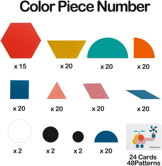 180Pcs Wooden Pattern Blocks Set Brain Teaser Puzzle Tangrams Educational Toys Stem Kindergarten Preschool Learning Game with 24Pcs Flash Cards Gifts for Toddlers Kids Boys Girls