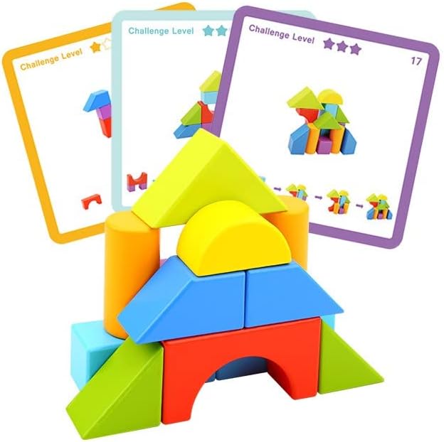 Blocks Stacking Game, 3D Puzzle and Problem Solving, 20 Pattern Activity Cards, 13 Shapes, for Toddlers & Preschoolers, Ages 1+