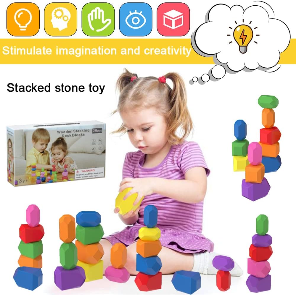 26 Pcs Wooden Stone Balancing Blocks Wooden Stacking Rocks Wood Balancing Stones Educational Preschool Learning Toys Balancing Block Toddler Toys for 3-5 Year Old Boy or Girl Birthday Gifts