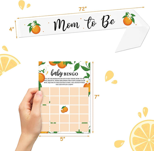 301pcs Little Cutie Baby Shower Games Set Pack of 7 Activities for 50 Guests Includes Orange Mom to Be Sash, Baby Bingo, Baby Predictions, Baby Word Scramble and More, Each 5x7 Inches