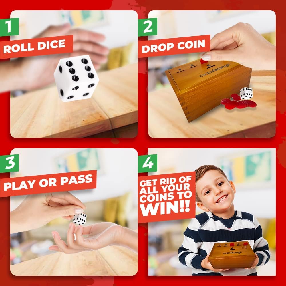 Games - Coin Drop | Simple + Strategic Dice Games For Families with Coins Included For 2-6 Players | Works With Pennies Too | Get Rid Of Coins To Win | Board Games For Kids | Penny Game Wood Box