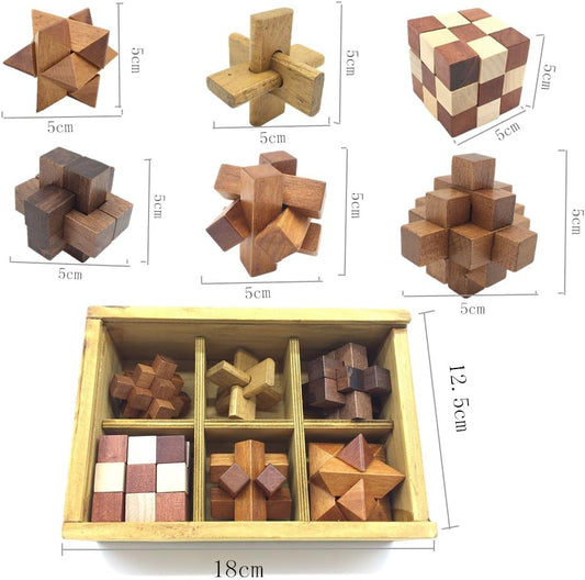 6-in-One 3D Luxury Wooden Brain Puzzle Teaser Kongming Lock for Teens and Adults Includes Storage Box