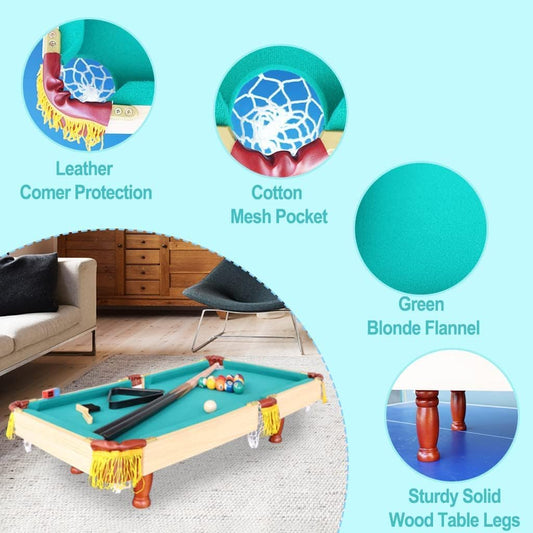 Mini Table Top Pool, Billiards Table with 15 Colored Balls, 1 Cue Ball, 1 Brush, 2 Pool Sticks & Racking Triangle Portable and Fun for Party Game