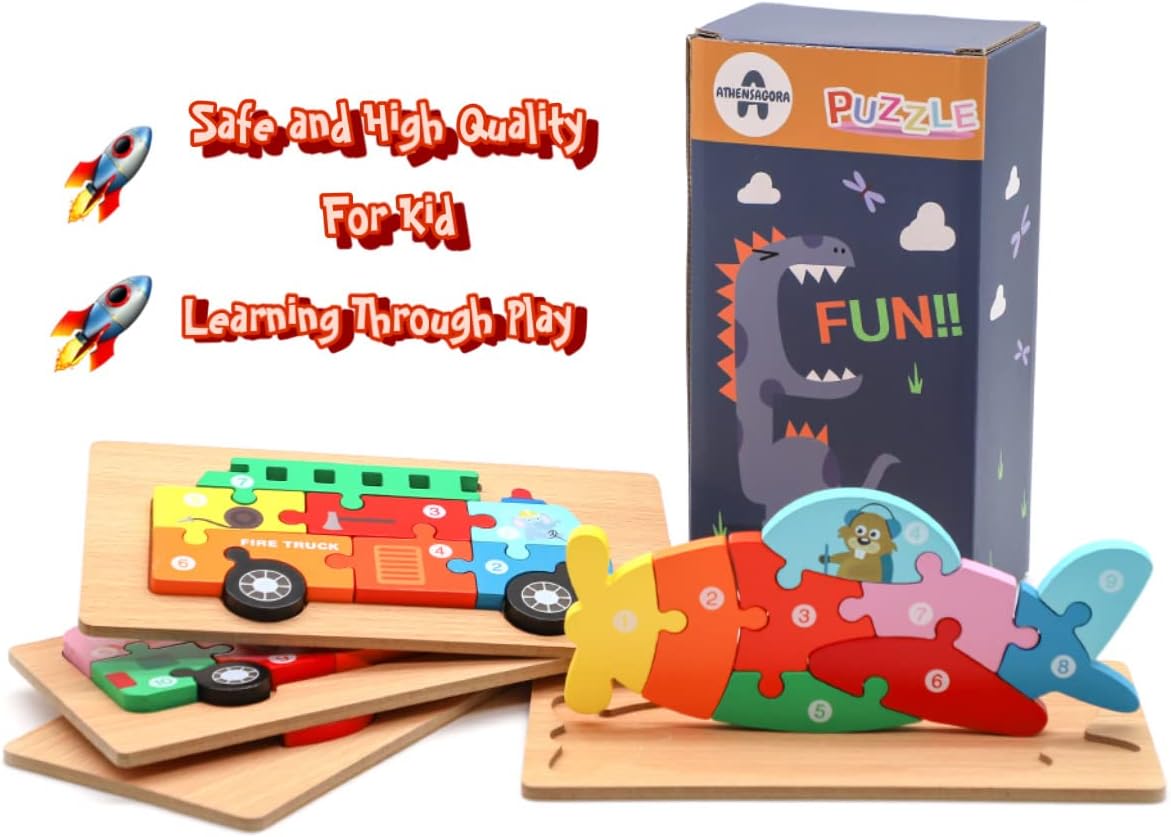 Wooden Puzzle Toys, Pack of 4 Vehicle Shape, Color Toy Educational with Colors Puzzle, Recognition Skill I (Vehicle)
