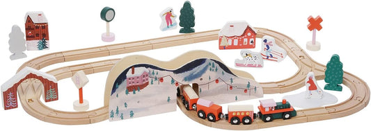 Alpine Express 49-Piece Wooden Toy Train Set with Scenic Accessories for Toddlers 3 Years and Up