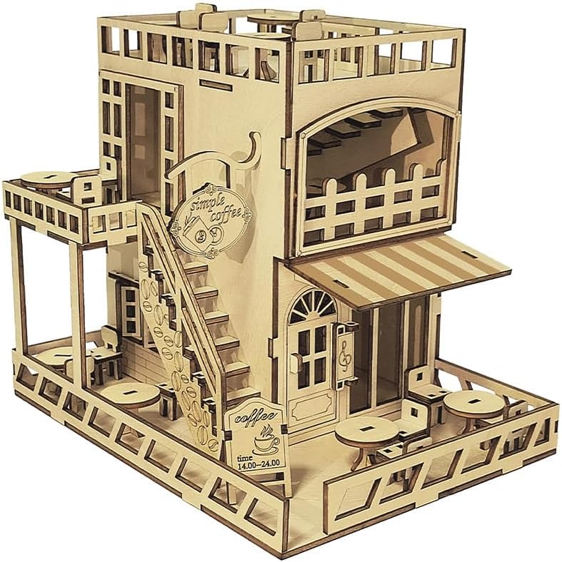Coffee House 3D Wooden Puzzle Adult Hand-Assembled Building, Wooden Three-Dimensional Puzzle Cafe Handmade DIY Mosaic Toys, Birthday Gifts for Teenagers