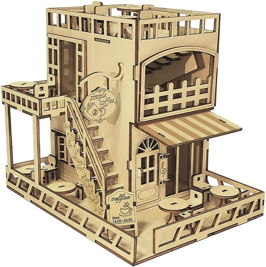 Coffee House 3D Wooden Puzzle Adult Hand-Assembled Building, Wooden Three-Dimensional Puzzle Cafe Handmade DIY Mosaic Toys, Birthday Gifts for Teenagers